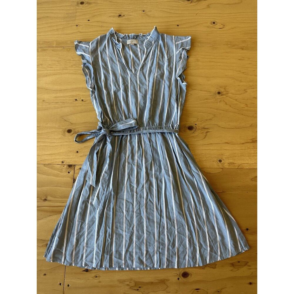 LOFT Outlet V-Neck Dress Womens Small Flutter Sleeve Blue Ivory Stipes